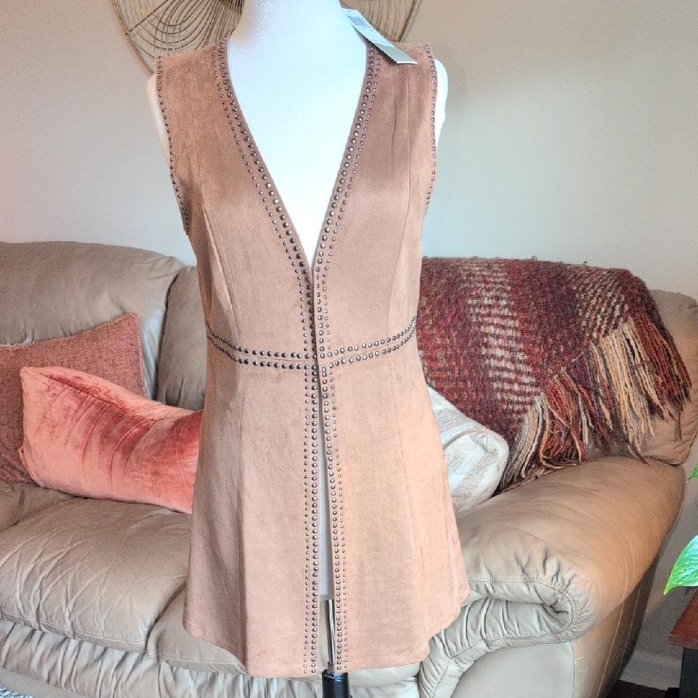 Joan Vass Tan Suede-Look Sleeveless Vest with Stud Trim
